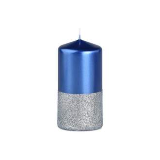 Svíčka válcová dvoubarevná metalická s glitry modrá 12cm