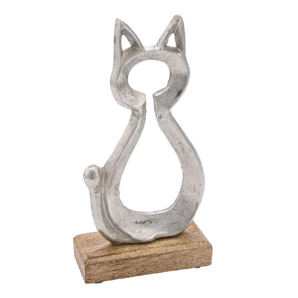 Levně Dekorace kočka na podstavci kov a dřevo 15cm