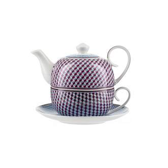 Čajová konvice a šálek dekor kostky bílo-fialová