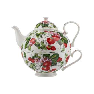 Šálek a čajová konvice dekor jahody porcelán bílo/červená 0,7 litru