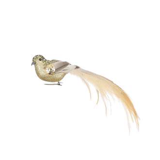 Pták na klipu pěnový s peřím a glitry zlatý 22cm