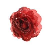 Růže květ umělá na klipu látka s glitry červená 14cm