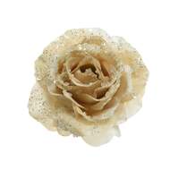 Růže květ umělá na klipu látka s glitry krémová 14cm