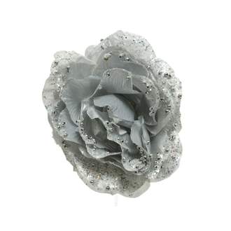 Růže květ umělá na klipu látka s glitry stříbrná 14cm
