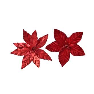 Poinsettia květ umělá na klipu s glitry mix červená 11cm