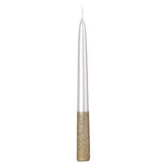 Svíčka kónická dvoubarevná perleťová s glitry bílo-zlatá 23cm
