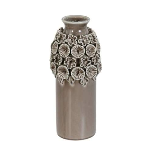 E-shop Váza válec úzké hrdlo dekor květy a listy keramika hnědošedá 28cm