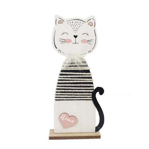 Levně Kočka na podstavci dekor pruhy dřevo bílo-černá 32,5cm