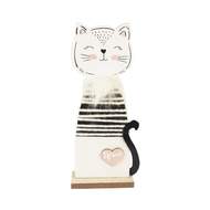 Kočka na podstavci dekor pruhy dřevo bílo-černá 25cm