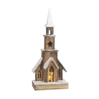 Kostel dřevěný s LED světlem na baterie hnědý 48cm