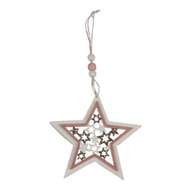 Ozdoba dřevěná hvězda s dekorem hvězd a glitry bílo-růžová 11,5cm