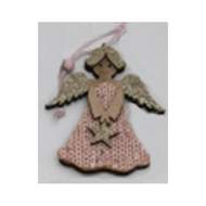 Ozdoba dřevěný pletený anděl s hvězdou a glitry růžový 11cm