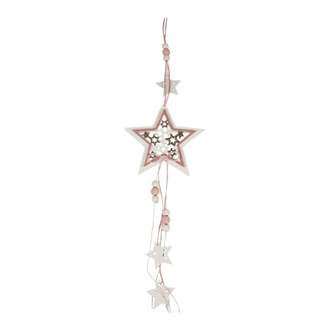 Hvězda dřevěná závěs s hvězdami a mašlí a korálky bílo-růžová 55cm