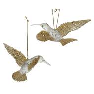 Ozdoba plastový kolibřík s glitry zlato-čirý 14cm