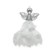 Ozdoba plastový anděl s peřím, drahokamem a glitry bílo-stříbrná 21cm
