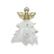 Ozdoba plastový anděl s peřím, drahokamem a glitry bílo-zlatá 21cm