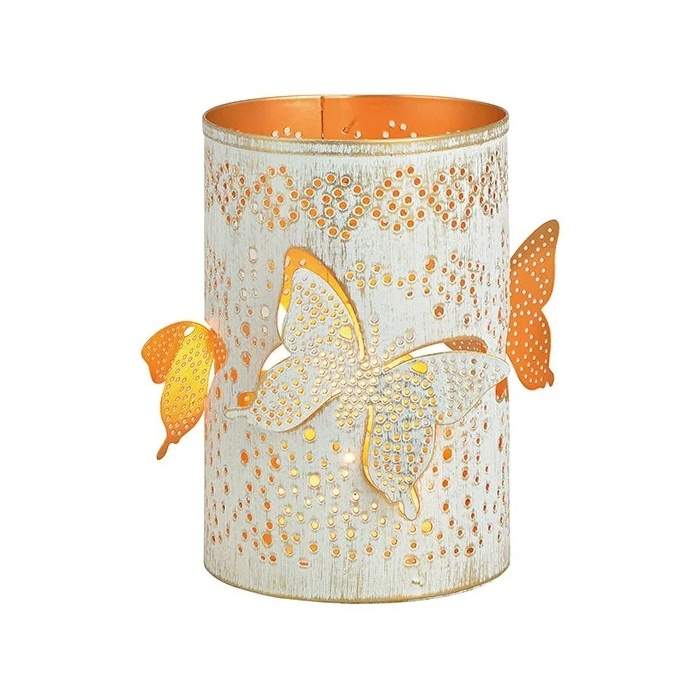 Levně Svícen kovový válcový na svíčku s motýly bílo-zlatý 15cm