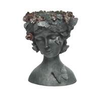 Obal polyresinový hlava ženy s květy a motýli šedý 30cm