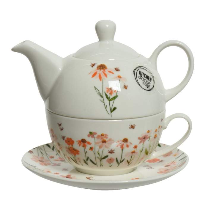 E-shop Šálek a čajová konvice porcelánová s květy a včelami