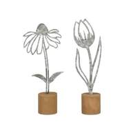 Dekorace kovová květina na dřevěném podstavci stříbrná mix 28cm
