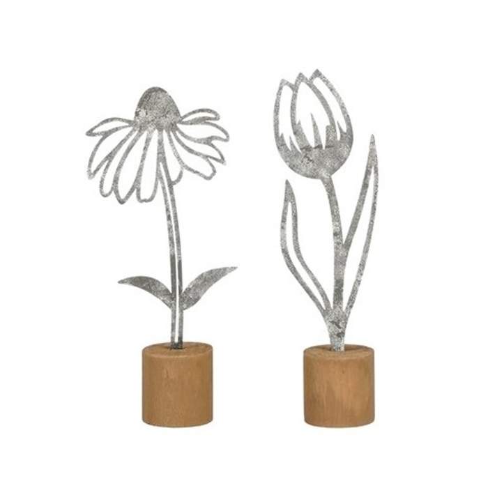 Levně Dekorace kovová květina na dřevěném podstavci stříbrná mix 28cm