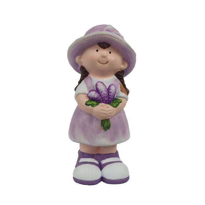 E-shop Dívka stojící keramická s kyticí bílo-fialová 21cm