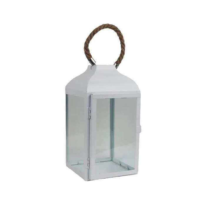 Levně Lucerna hranatá kovová kombinovaná sklo a provaz bílá 19,5cm