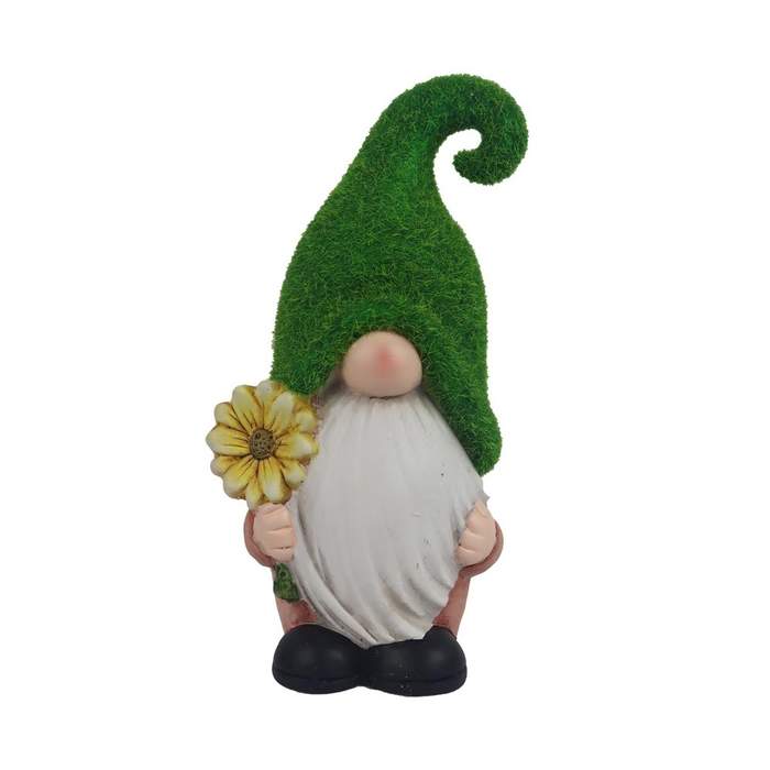 E-shop Skřítek stojící keramický s květinou a zelenou čepicí 20cm