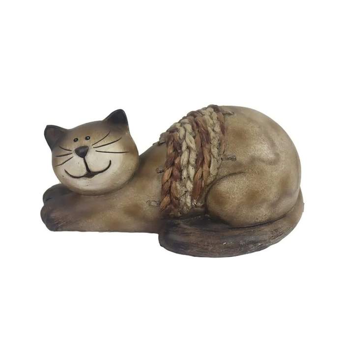 Levně Kočka ležící s pleteninou magnesium hnědá 24cm