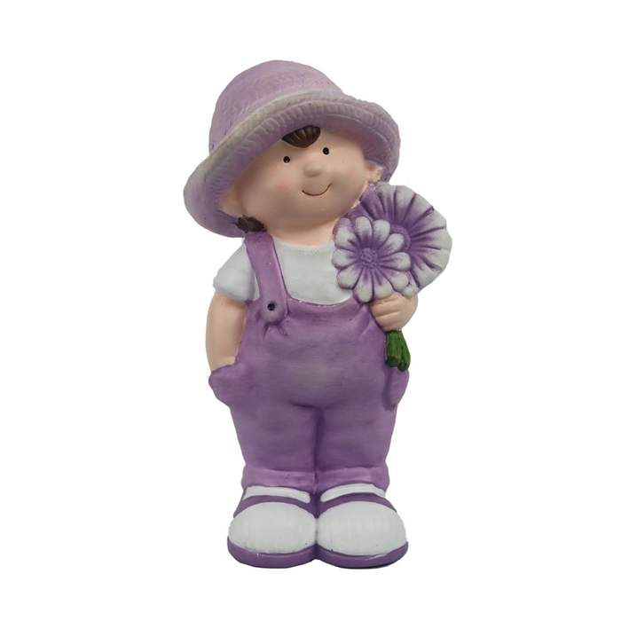 Levně Chlapec stojící keramický s kyticí bílo-fialový 21cm