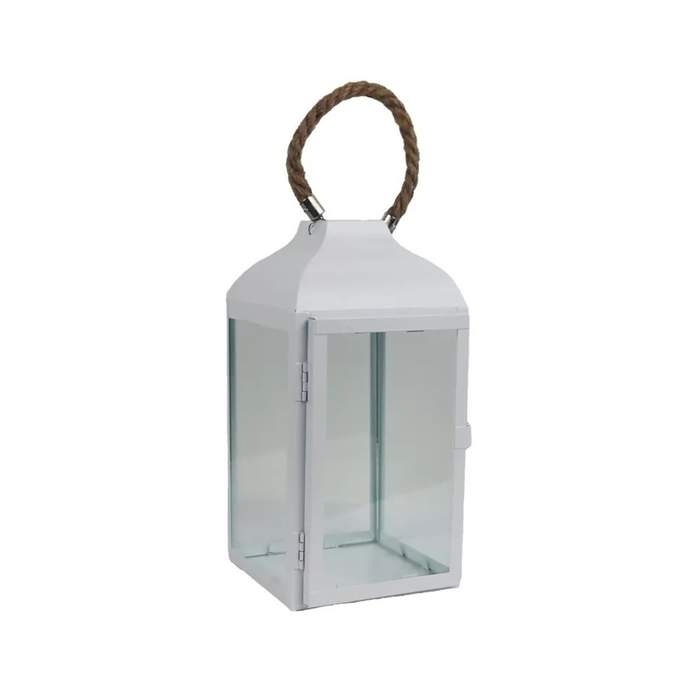 Levně Lucerna hranatá kovová kombinovaná sklo a provaz bílá 25,5cm