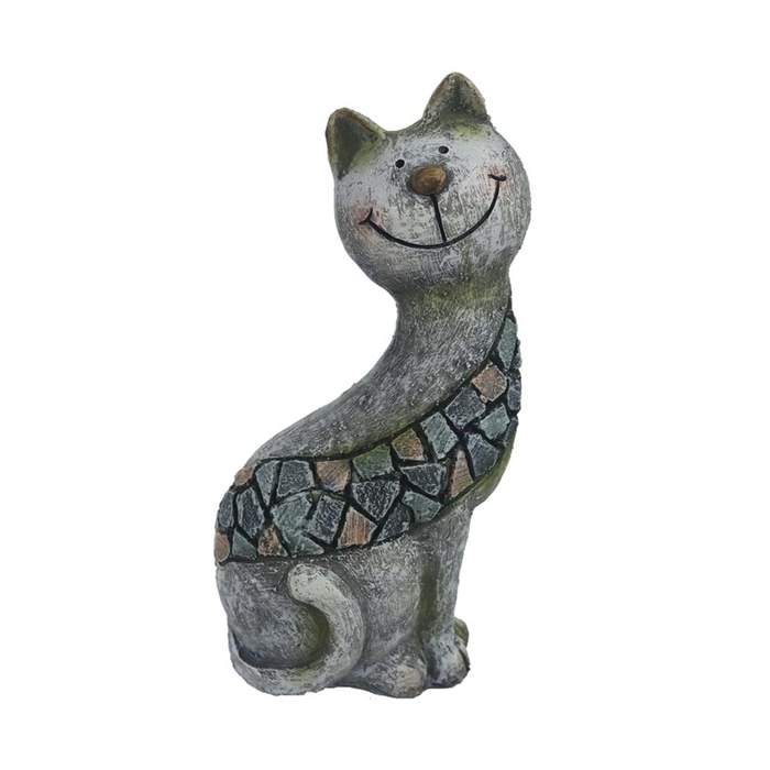 Levně Kočka sedícís mozaikou polyresinová šedá 23,4cm