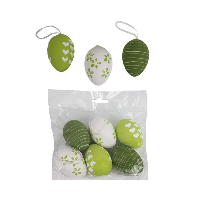 Levně Ozdoba plastové vejce srdce/květy/pruhy bílá/zelená mix 6ks