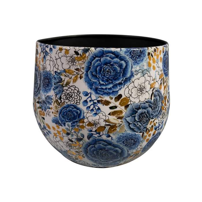 Levně Obal/váza kulatý DUTCH kovový bílo-modrý 24cm