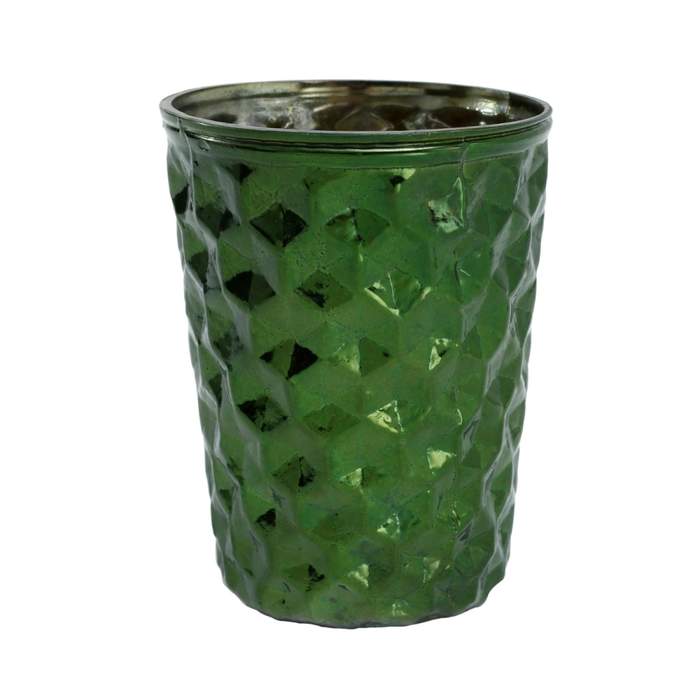 Levně Svícen na čajovku skleněný AIME dekor diamanty tm.zelený 10cm